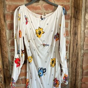 Free People cream flowy floral lyocell blend mini dress sz 6 button sleeve